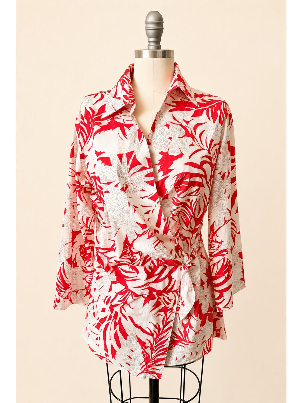 VTG 90s Couleur By Finley Courtney Wrap Top L Red White Tropical USA
